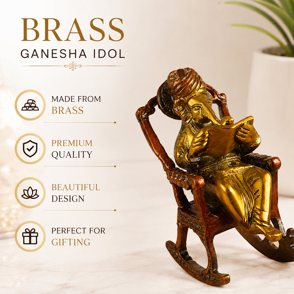 Brass Lord Ganesha Statue Sitting on a Chair | Premium Brass Ganesh Idol for Home Decor, Office Desk & Pooja Room | Vastu & Feng Shui Decorative Murti for Diwali, Housewarming & Gifting | 1000–1100 Gram