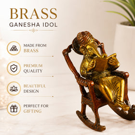 Brass Lord Ganesha Statue Sitting on a Chair | Premium Brass Ganesh Idol for Home Decor, Office Desk & Pooja Room | Vastu & Feng Shui Decorative Murti for Diwali, Housewarming & Gifting | 1000–1100 Gram