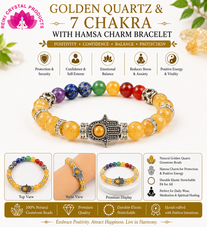 Natural Golden Quartz & 7 Chakra with Hamsa Charm Bracelet