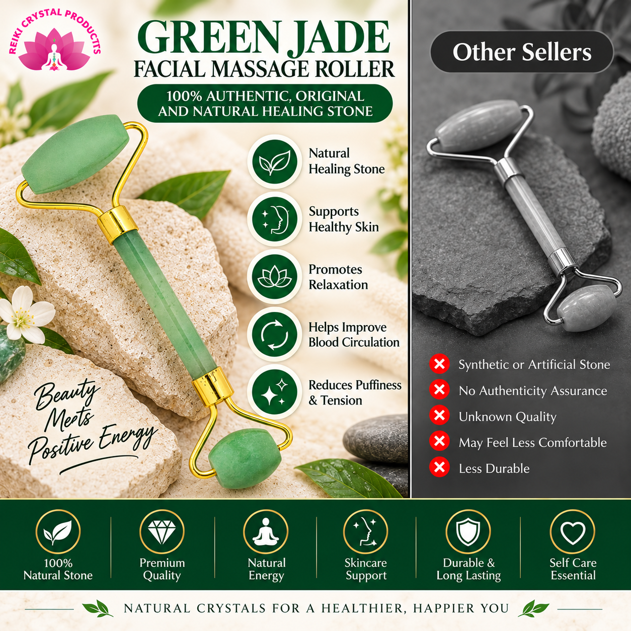 Green Jade Crystal Face Roller for Daily Skincare Routine