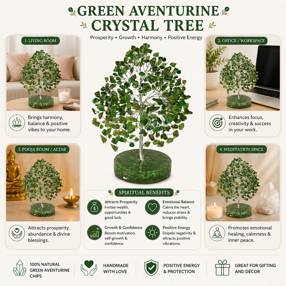 Natural Green Aventurine Crystal Tree with Natural Green Aventurine Chip Stone Base | Reiki Charged Money Tree for Wealth, Prosperity, Abundance & Positive Energy | Home & Office Décor | Vastu & Feng Shui