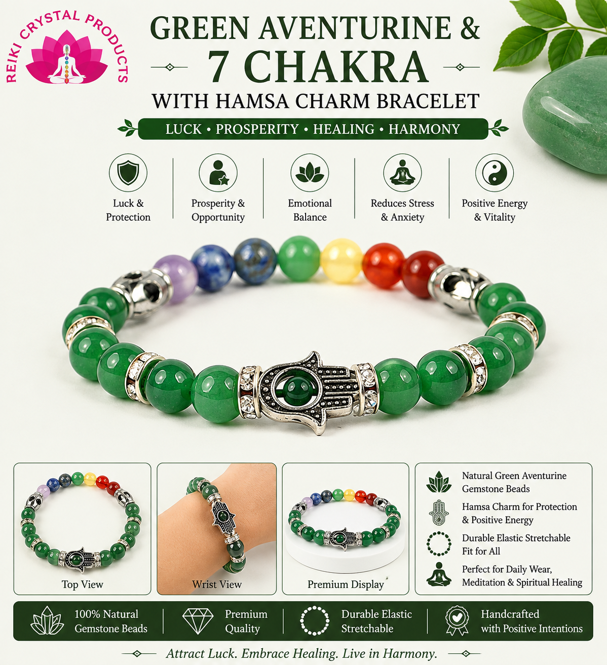 Natural Green Aventurine & 7 Chakra with Hamsa Charm Bracelet