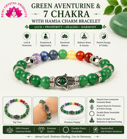 Natural Green Aventurine & 7 Chakra with Hamsa Charm Bracelet