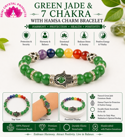 Natural Green Jade & 7 Chakra with Hamsa Charm Bracelet