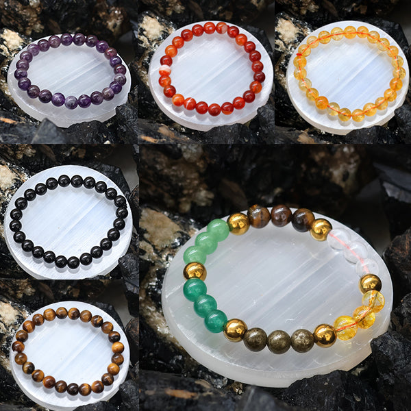 Certified Bracelet with Selenite Charging Plate Combo | Amethyst Citrine Tiger Eye Rose Quartz Sphatik Green Jade Pyrite Black Tourmaline Dhan Yog Money Magnet Bracelet
