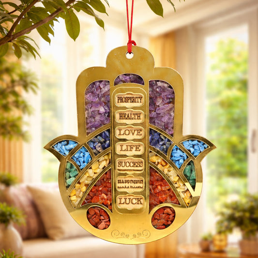 Hamsa Hand Wall Hanging with Seven Chakra Crystals | Hanging for Home, Office, Car | Spiritual Healing, Positive Energy & Good Luck Decorative Hanging