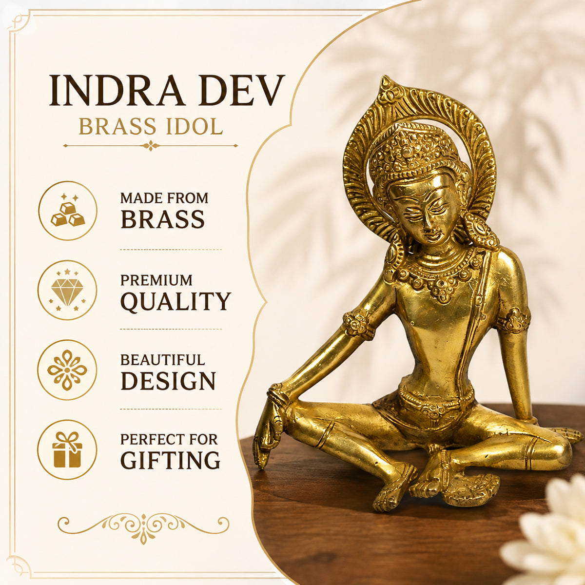 Brass Indra Dev for Vastu Remedy 17.7 cm (7 Inch) | Pure Brass Lord Indra Statue for Home, Office & Temple | Decorative Brass Indra Dev Idol for Prosperity, Strength, Protection & Spiritual Home Décor