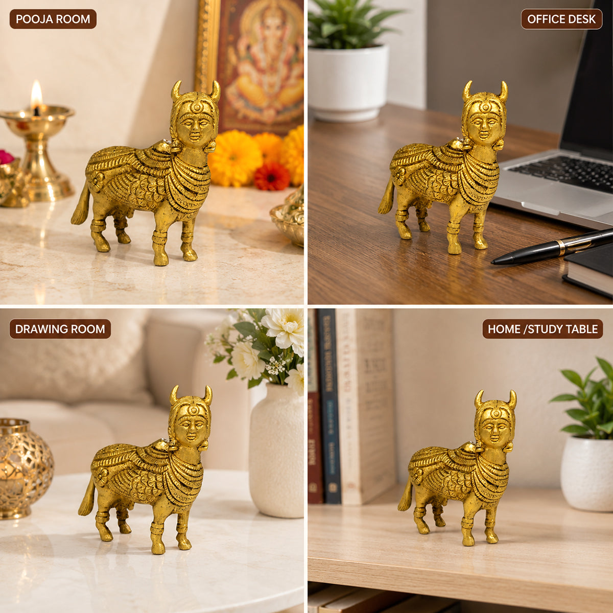 Brass Kamdhenu Cow for Vastu Remedy 400 Gram | Pure Brass Kamdhenu Cow with Calf Statue for Home, Office & Temple | Decorative Brass Gau Mata Idol for Prosperity, Harmony & Spiritual Home Décor