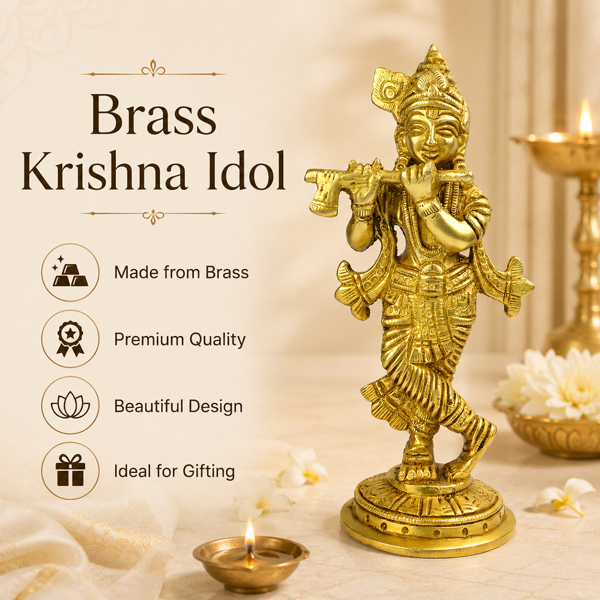 Standing Brass Lord Krishna Idol Statue