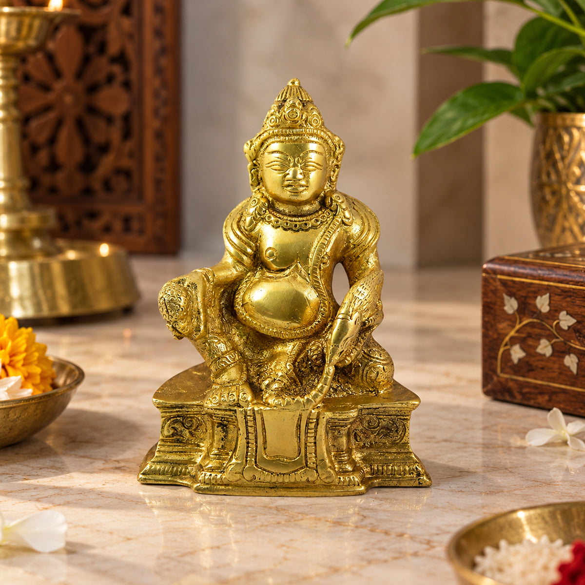 Brass Lord Kuber Statue of Wealth Idol 12.7 cm | Kuber God Murti for Home Temple, Office Desk, Vastu & Spiritual Decor