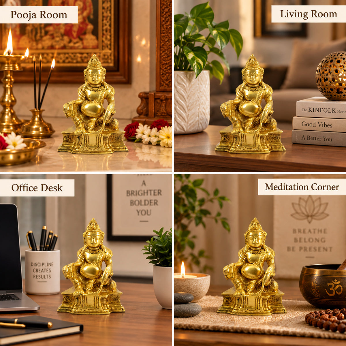Brass Lord Kuber Statue of Wealth Idol 12.7 cm | Kuber God Murti for Home Temple, Office Desk, Vastu & Spiritual Decor