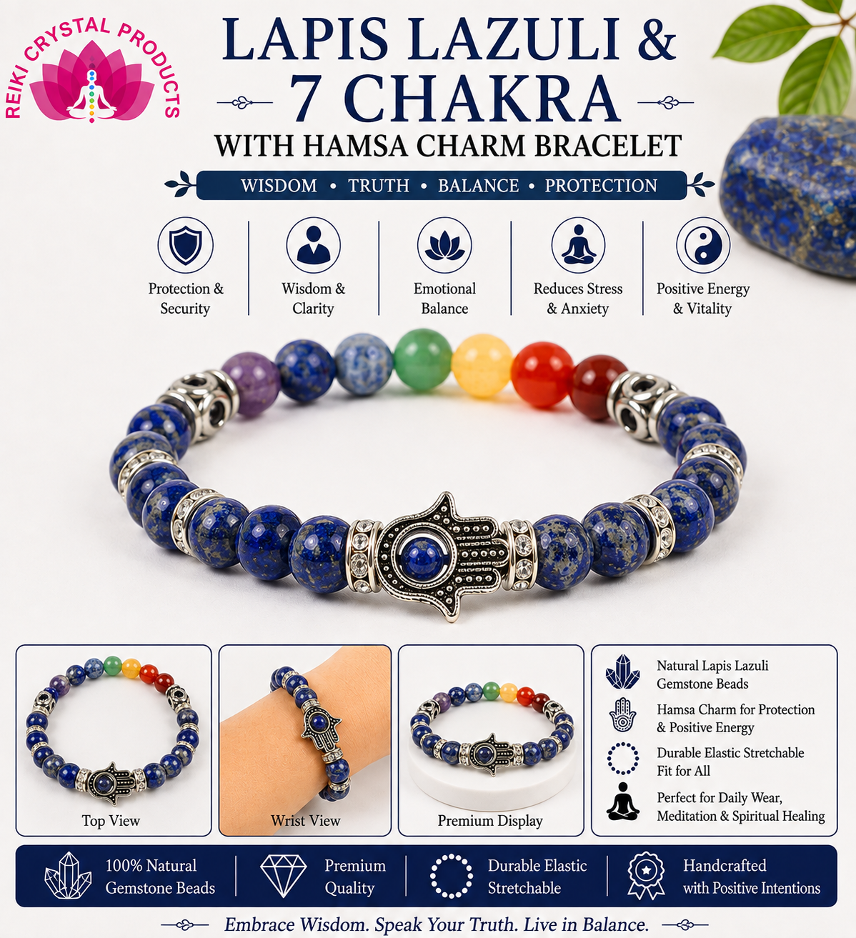 Natural Lapis Lazuli & 7 Chakra with Hamsa Charm Bracelet