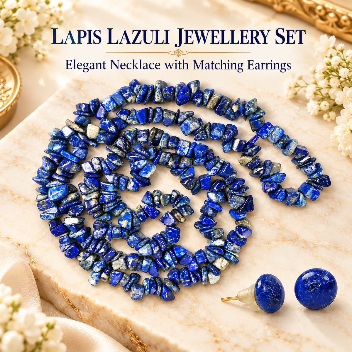 Lapis Lazuli Chip Necklace Mala with Earrings