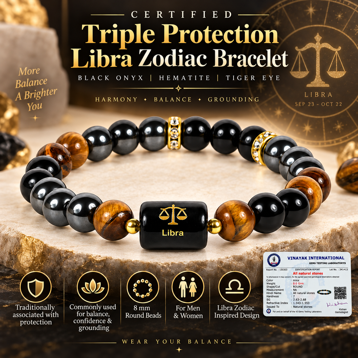 Certified Triple Protection Libra Zodiac Bracelet 8 mm