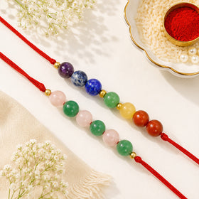 Love & Growth Rakhi Combo Set of 2 | Natural Green Aventurine & Rose Quartz Crystal Stone Rakhi with 7 Chakra Rakhi | Reiki Charged Handmade Raksha Bandhan Rakhi for Men & Women | Love, Prosperity & Positive Energy