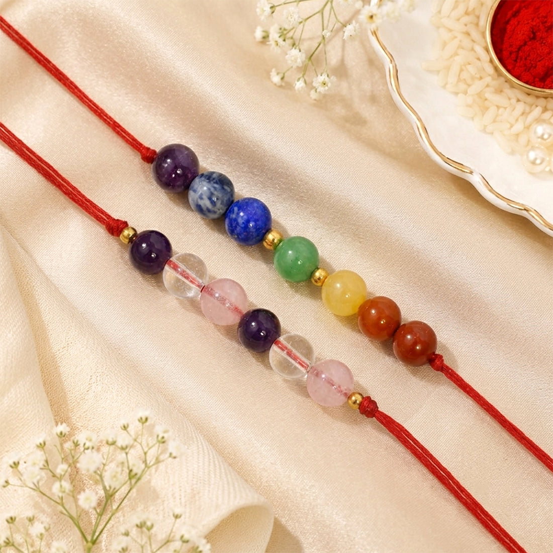Love & Peace Rakhi Combo Set of 2 | Natural Amethyst, Rose Quartz & Clear Quartz Crystal Stone Rakhi with 7 Chakra Crystal Rakhi | Reiki Charged Handmade Raksha Bandhan Rakhi for Men & Women | Emotional Balance, Peace & Positive Energy