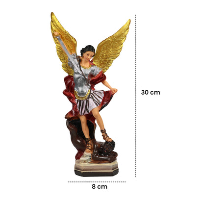 Statue of an angel with wings and a sword, accompanied by measurements on a white background