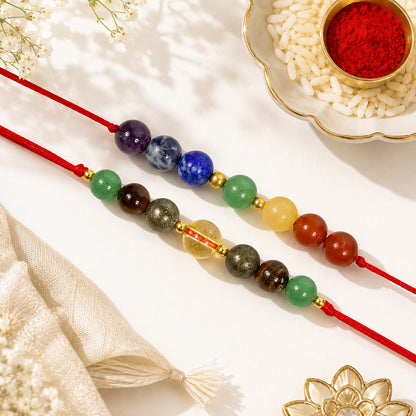 Money Magnet | Wealth | Dhan Yog Rakhi Combo Set of 2 | Natural Citrine, Pyrite, Green Aventurine & Tiger Eye Crystal Rakhi with 7 Chakra Rakhi