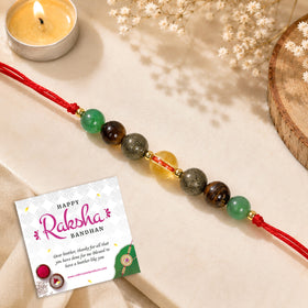 Money Magnet | Wealth | Dhan Yog Rakhi | Natural Citrine, Pyrite, Green Aventurine & Tiger Eye Crystal Stone Rakhi | Reiki Charged Handmade Raksha Bandhan Rakhi | Prosperity, Success & Positive Energy