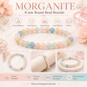 Morganite 8 mm Round Bead Bracelet for Men & Women  Love, Emotional Healing, Compassion & Inner Peace
