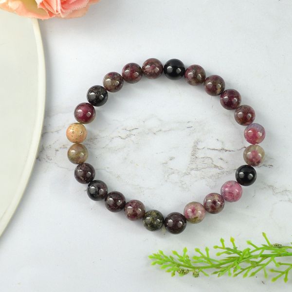 Multi Tourmaline 8 mm Round Bead Bracelet for Protection, Emotional Balance, Positivity & Spiritual Growth
