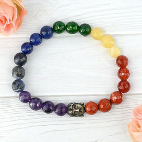 Natural 7 Chakra with Buddha Head 8 mm Faceted Beads Bracelet for Chakra Balancing, Peace, Healing & Positive Energy