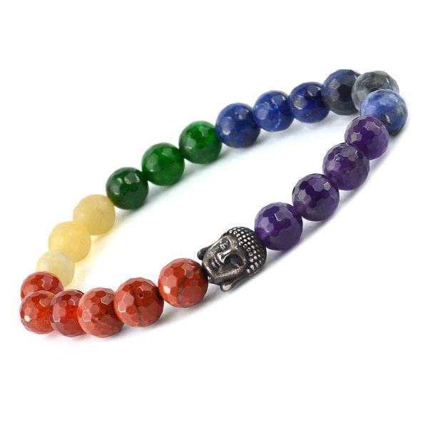 Natural 7 Chakra with Buddha Head 8mm Faceted Beads Bracelet for Chakra Balancing, Peace, Healing & Positive Energy