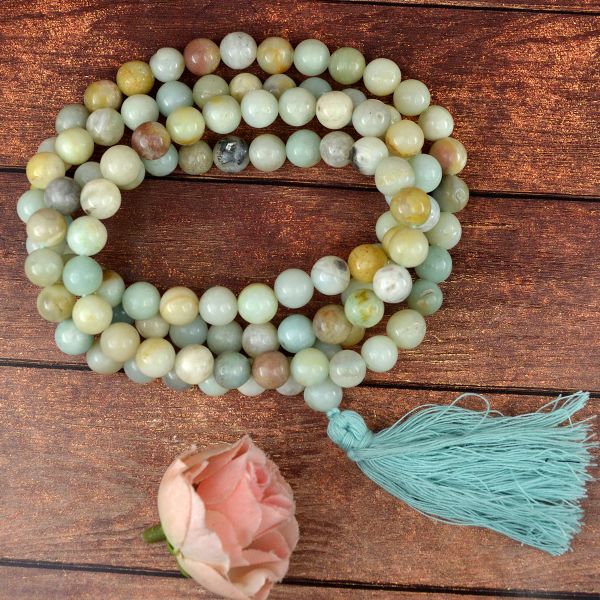 Natural Amazonite 8 mm 108 Round Bead Mala for Peace, Communication, Emotional Balance & Meditation | Reiki Charged Gemstone Japa Mala for Men & Women