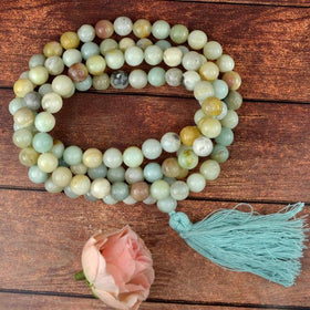 Natural Amazonite 8 mm 108 Round Bead Mala for Peace, Communication, Emotional Balance & Meditation | Reiki Charged Gemstone Japa Mala for Men & Women