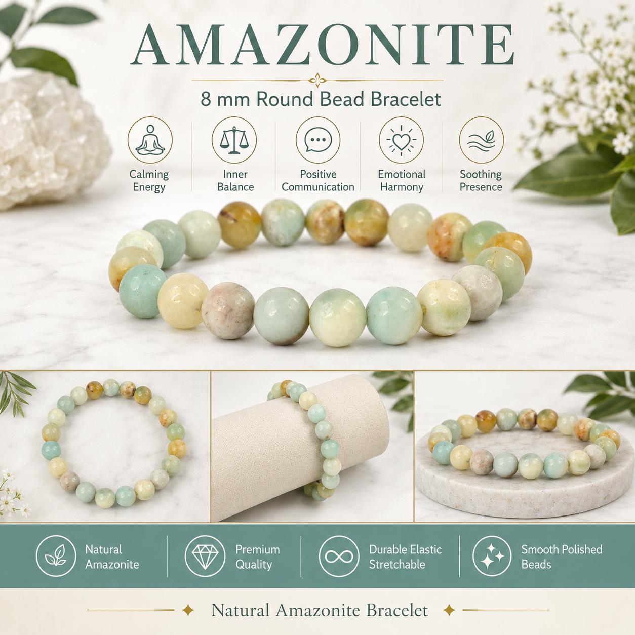 Natural Amazonite 8 mm Round Bead Bracelet for Calmness, Communication, Confidence & Positive Energy  Crystal Bracelet for Men & Women