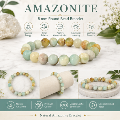 Natural Amazonite 8 mm Round Bead Bracelet for Calmness, Communication, Confidence & Positive Energy  Crystal Bracelet for Men & Women