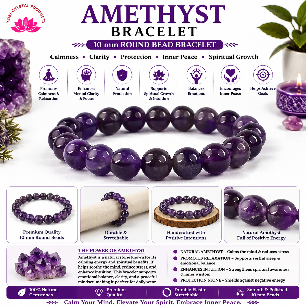 Natural Amethyst 10 mm Round Bead Bracelet for Calmness, Stress Relief, Focus, Emotional Balance & Positive Energy  Crystal Bracelet for Men & Women