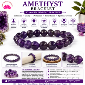 Natural Amethyst 10 mm Round Bead Bracelet for Calmness, Stress Relief, Focus, Emotional Balance & Positive Energy  Crystal Bracelet for Men & Women
