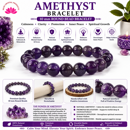 Natural Amethyst 10 mm Round Bead Bracelet for Calmness, Stress Relief, Focus, Emotional Balance & Positive Energy  Crystal Bracelet for Men & Women