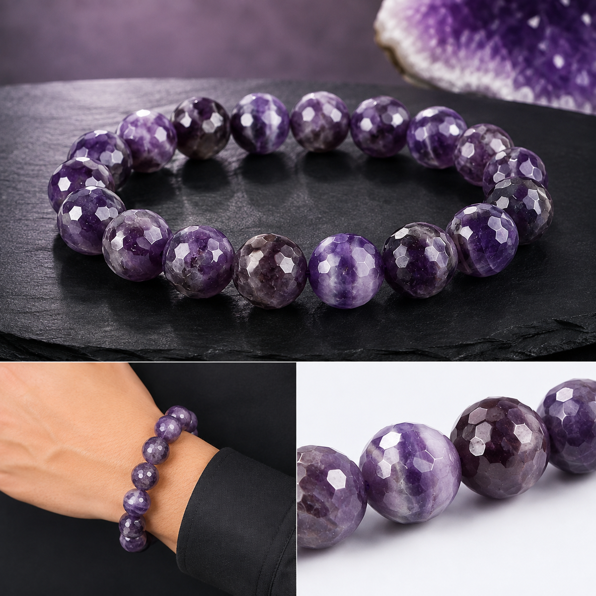 Natural Amethyst 12 mm Faceted Beads Bracelet