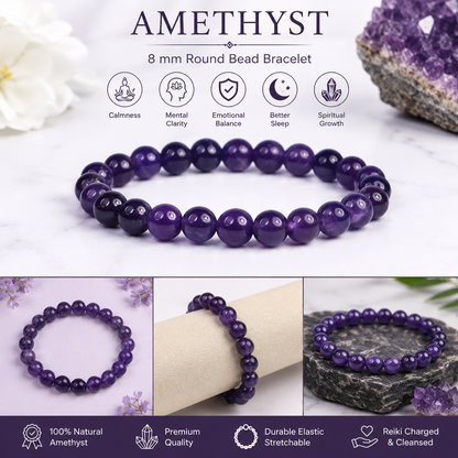 Natural Amethyst 8 mm Round Bead Bracelet for Calmness, Protection & Mental Clarity | Reiki Energized Crystal Stone Bracelet for Meditation, Spiritual Growth & Daily Wea
