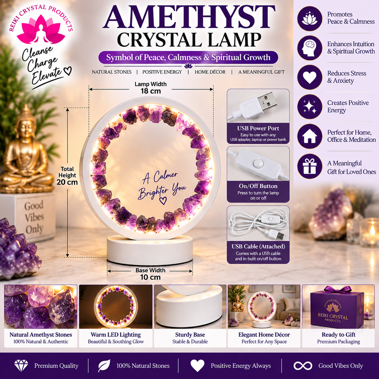 Natural Amethyst Crystal Lamp with White Circular Frame