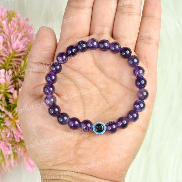 Natural Amethyst with Evil Eye 8 mm Round Bead Bracelet for Peace, Protection, Emotional Balance
