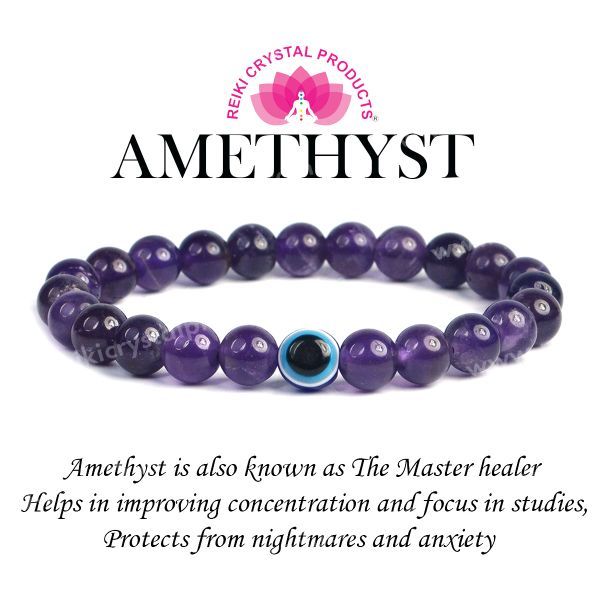 Natural Amethyst with Evil Eye 8 mm Round Bead Bracelet for Peace, Protection, Emotional Balance & Positive Energy