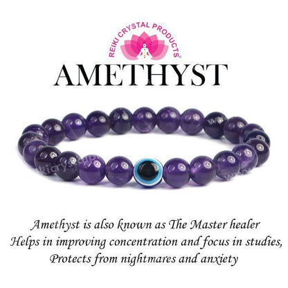 Natural Amethyst with Evil Eye 8 mm Round Bead Bracelet for Peace, Protection, Emotional Balance & Positive Energy