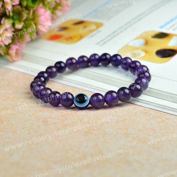 Natural Amethyst with Evil Eye 8 mm Round Bead Bracelet for Peace, Protection, Emotional Balance & Positive Energy | Reiki Charged Gemstone Bracelet for Men & Women