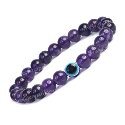 Natural Amethyst with Evil Eye 8mm Round Bead Bracelet for Peace, Protection, Emotional Balance & Positive Energy | Reiki Charged Gemstone Bracelet for Men & Women