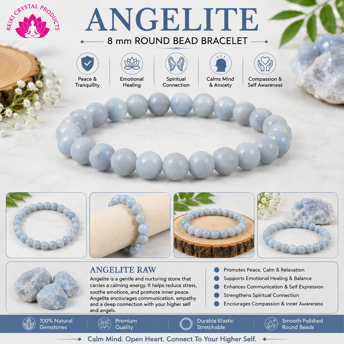 Natural Angelite 8 mm Round Bead Bracelet for Calmness, Communication, Inner Peace & Positive Energy  Crystal Bracelet for Men & Women