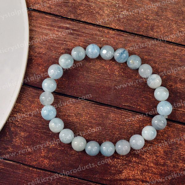 Natural Aquamarine 8 mm Round Bead Bracelet for Calmness, Courage, Communication & Emotional Balance | Reiki Charged Gemstone Bracelet for Men & Women