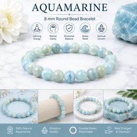 Natural Aquamarine 8 mm Round Bead Bracelet for Calmness, Courage, Communication & Emotional Balance | Reiki Charged Gemstone Bracelet for Men & Women