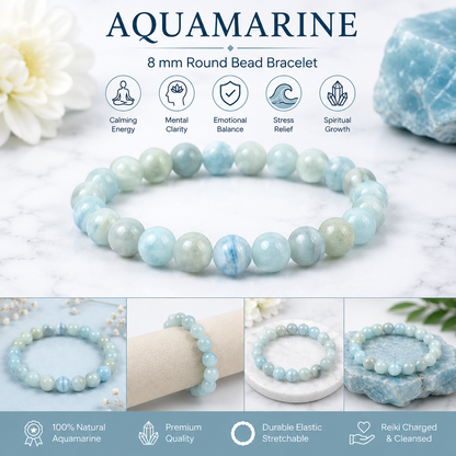 Natural Aquamarine 8 mm Round Bead Bracelet for Calmness, Courage, Communication & Emotional Balance | Reiki Charged Gemstone Bracelet for Men & Women