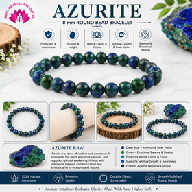 Natural Azurite 8 mm Round Bead Bracelet for Wisdom, Intuition, Mental Clarity & Spiritual Growth  Reiki Charged Gemstone Bracelet for Men & Women
