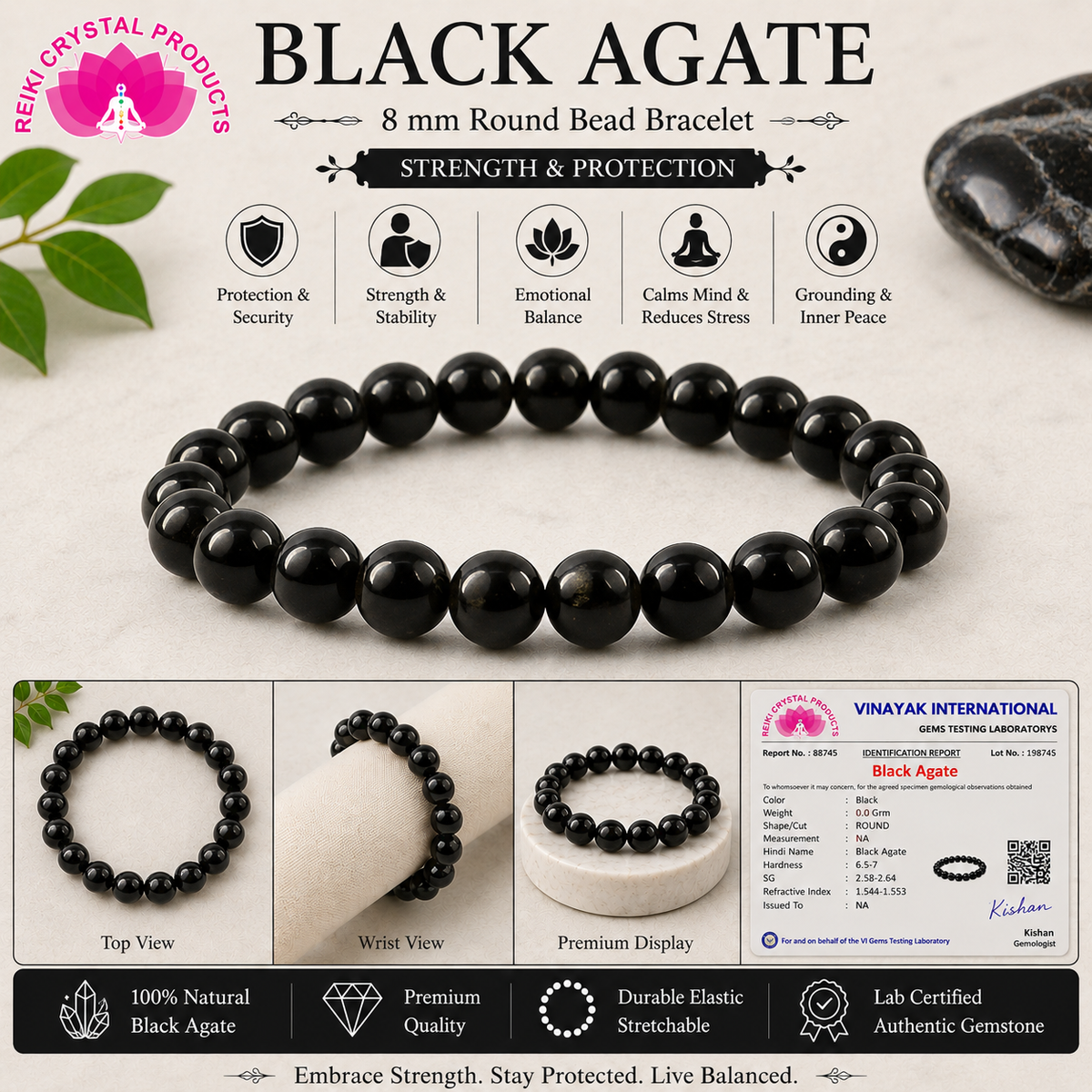 Natural Black Agate 8 mm Round Bead Bracelet for Grounding, Protection, Stability & Positive Energy  Crystal Bracelet for Men & Women