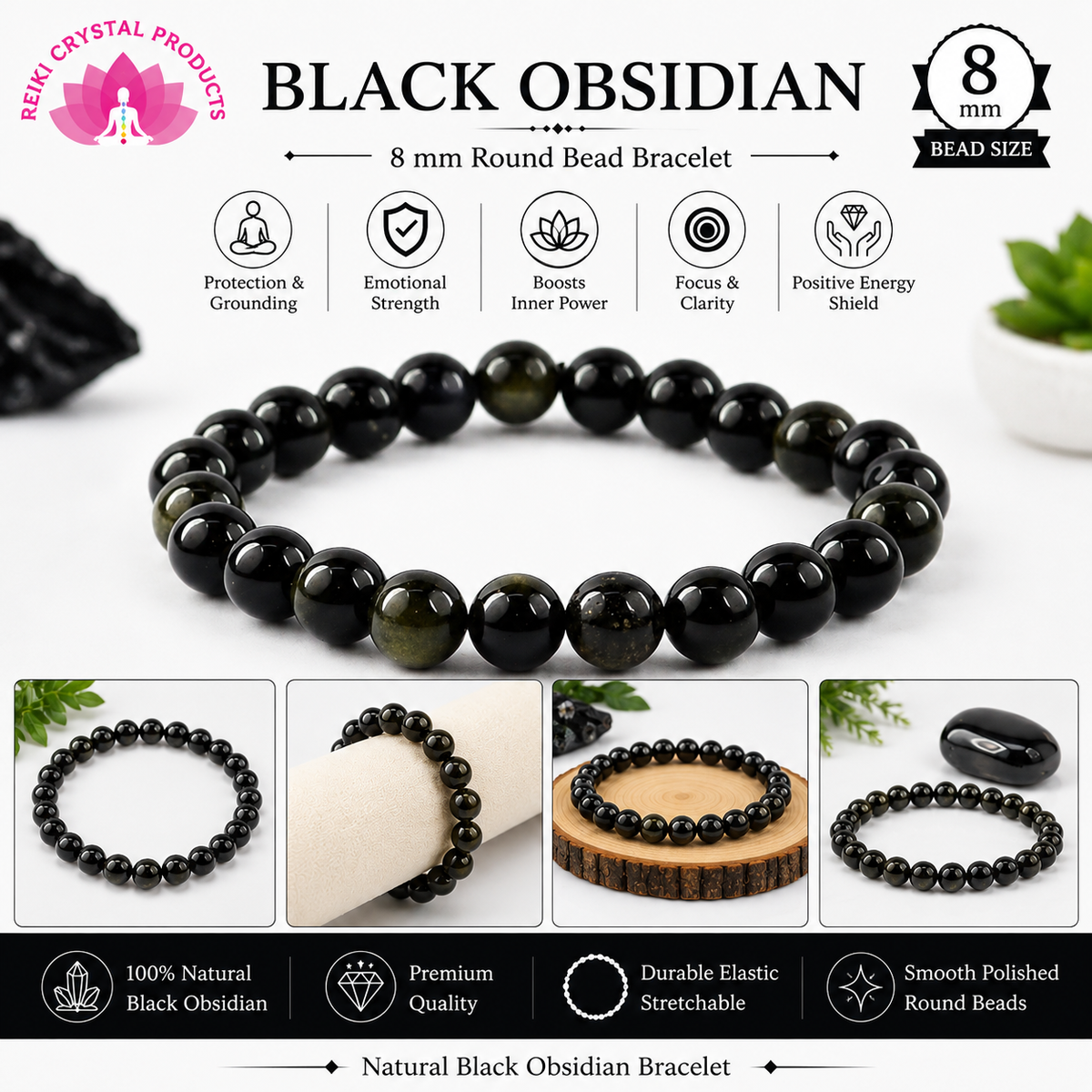 Natural Black Obsidian 8 mm Round Bead Bracelet for Protection, Grounding, Confidence & Positive Energy  Crystal Bracelet for Men & Women