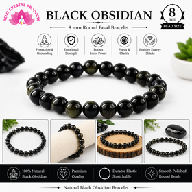 Natural Black Obsidian 8 mm Round Bead Bracelet for Protection, Grounding, Confidence & Positive Energy  Crystal Bracelet for Men & Women